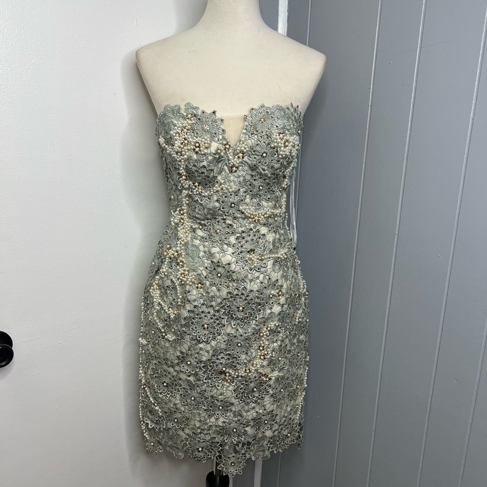 Elegant Sage And Gold Strapless Lace Dress